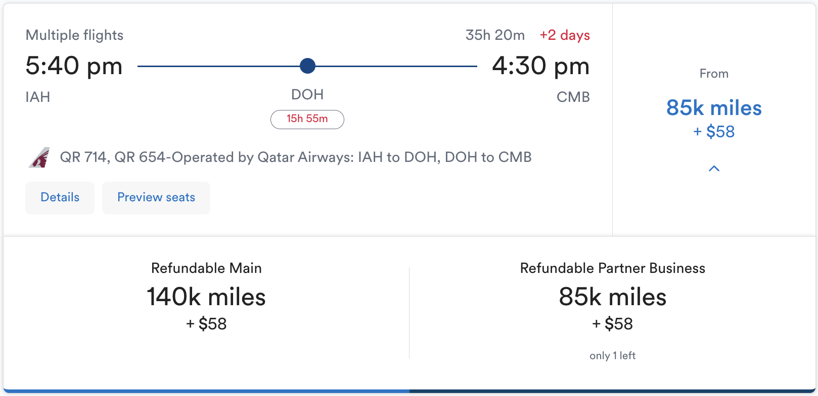 Fly Qatar Airways between IAH and CMB with a stopover in DOH for 85,000 Mileage Plan miles — in business class.